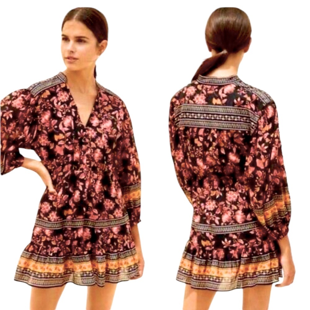 Alice + Olivia Black Floral Mini Dress with Pink and Gold Border